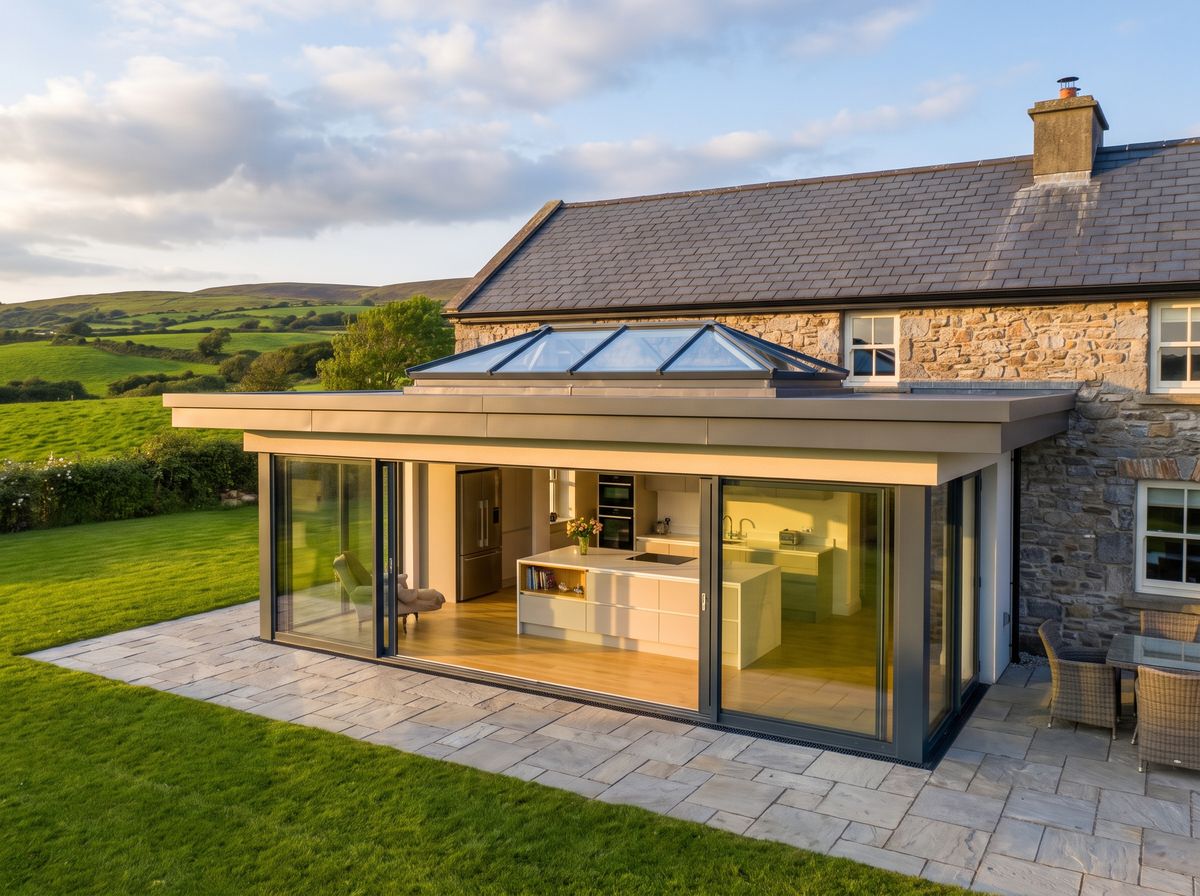A modern glazed kitchen extension on a traditional Irish cottage