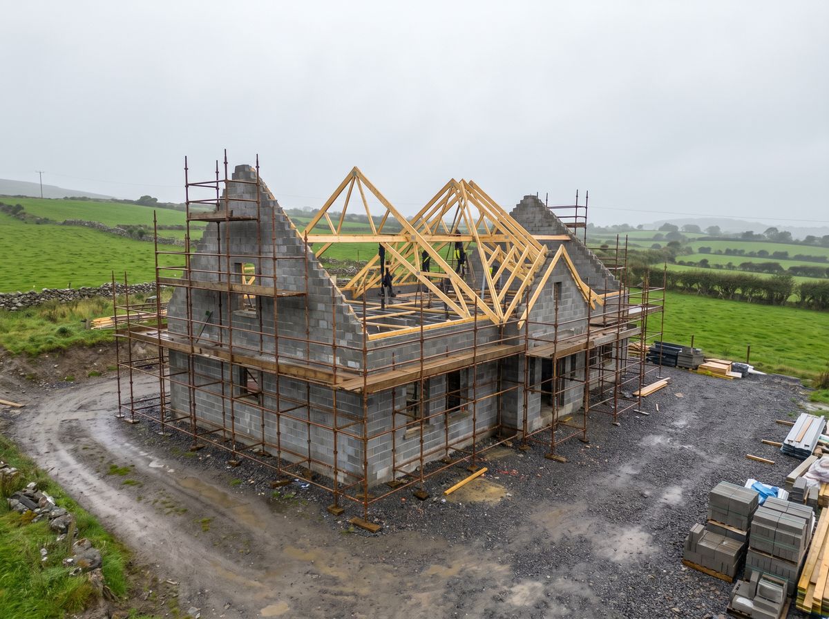 A new detached house under construction in rural Clare with roof trusses going up
