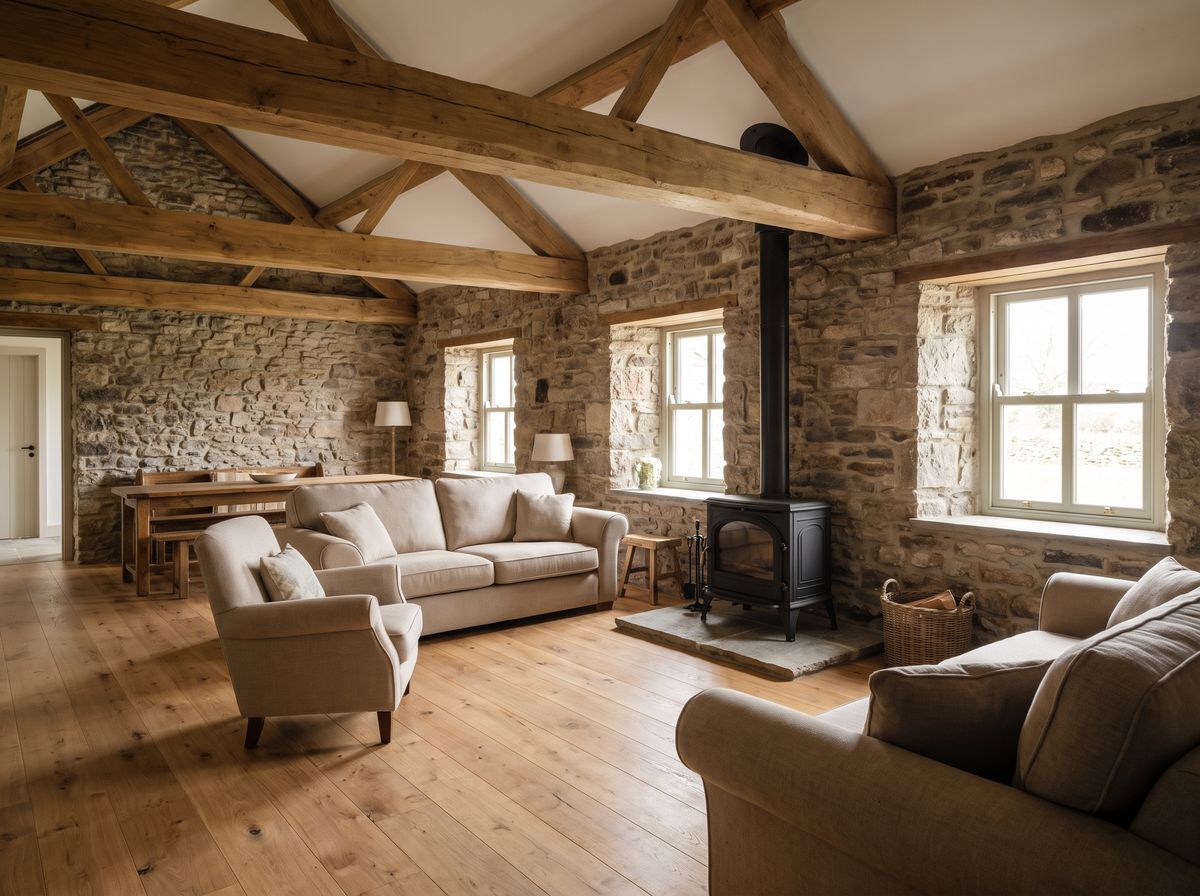 A renovated stone farmhouse interior with exposed stone wall and timber beams